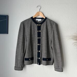 St. John Black Cream Striped Knit Wool Button‎ Zip Up Cardigan Jacket Size 12